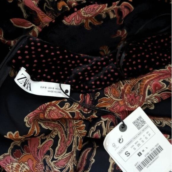 Zara Velvet Trim Floral V-Neck Ruffle Trim 3/4 Sleeve Dress Women's Size Small - Picture 14 of 15